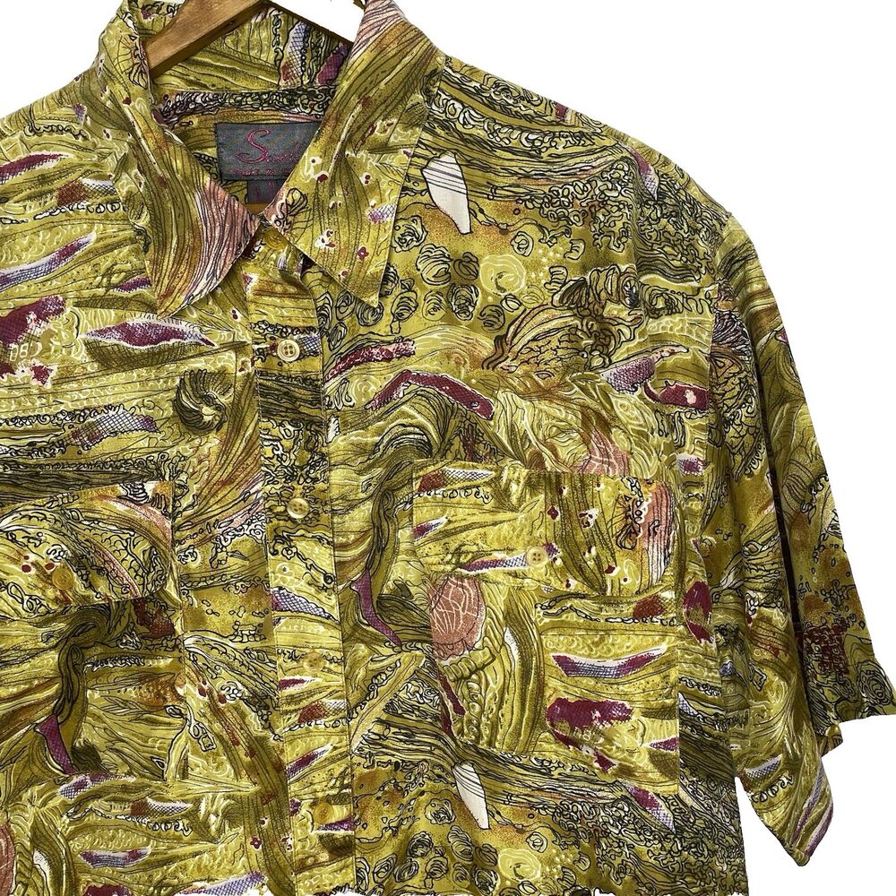Vintage SWELL 100% Silk Shirt Button Watercolor Short Sleeve Pockets Mens M